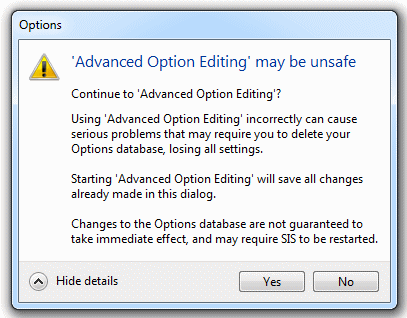 Advanced Option Editing - Warning